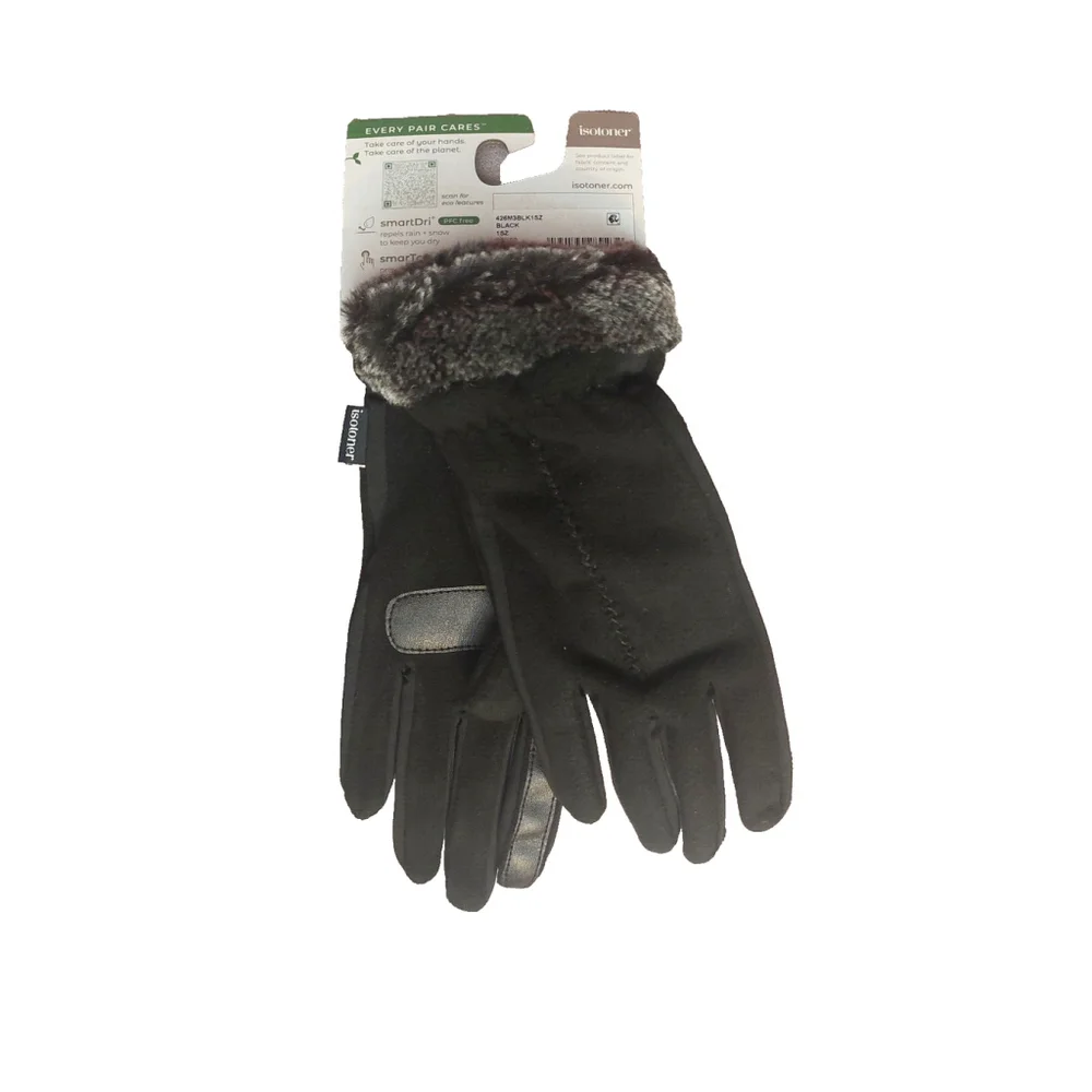 Isotoner Signature Black Fleece Gloves Faux-Fur Cuffs Sz One Size NWT